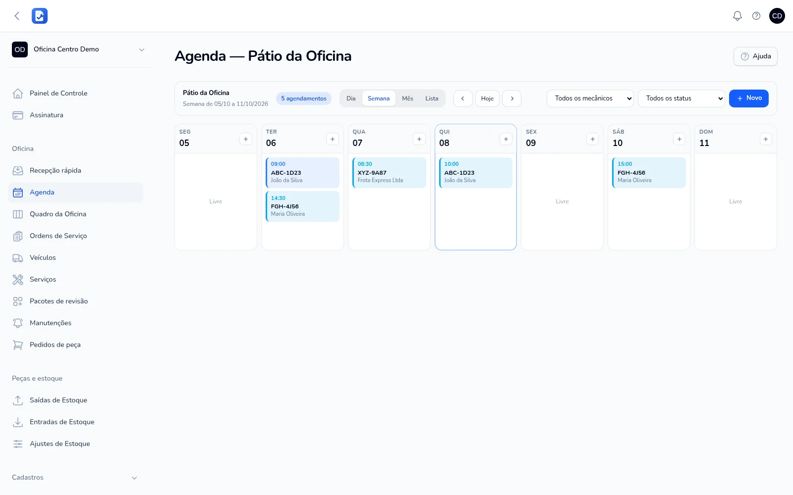Agenda do pátio por dia, semana ou mês