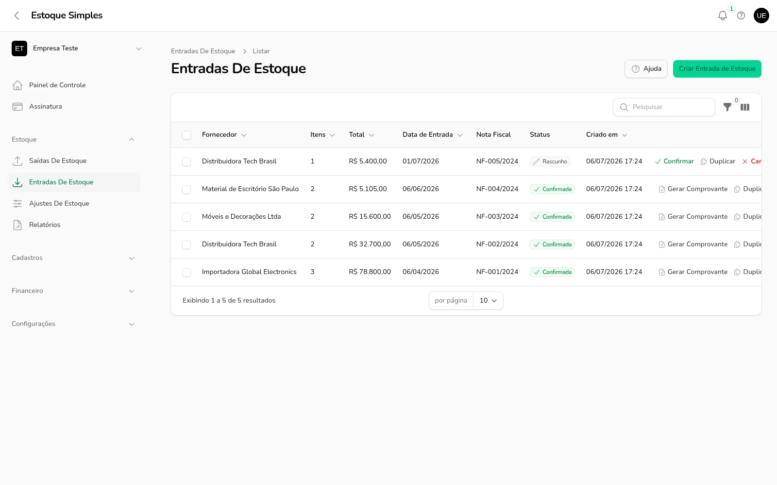 Entradas de estoque por fornecedor, com nota fiscal e comprovante