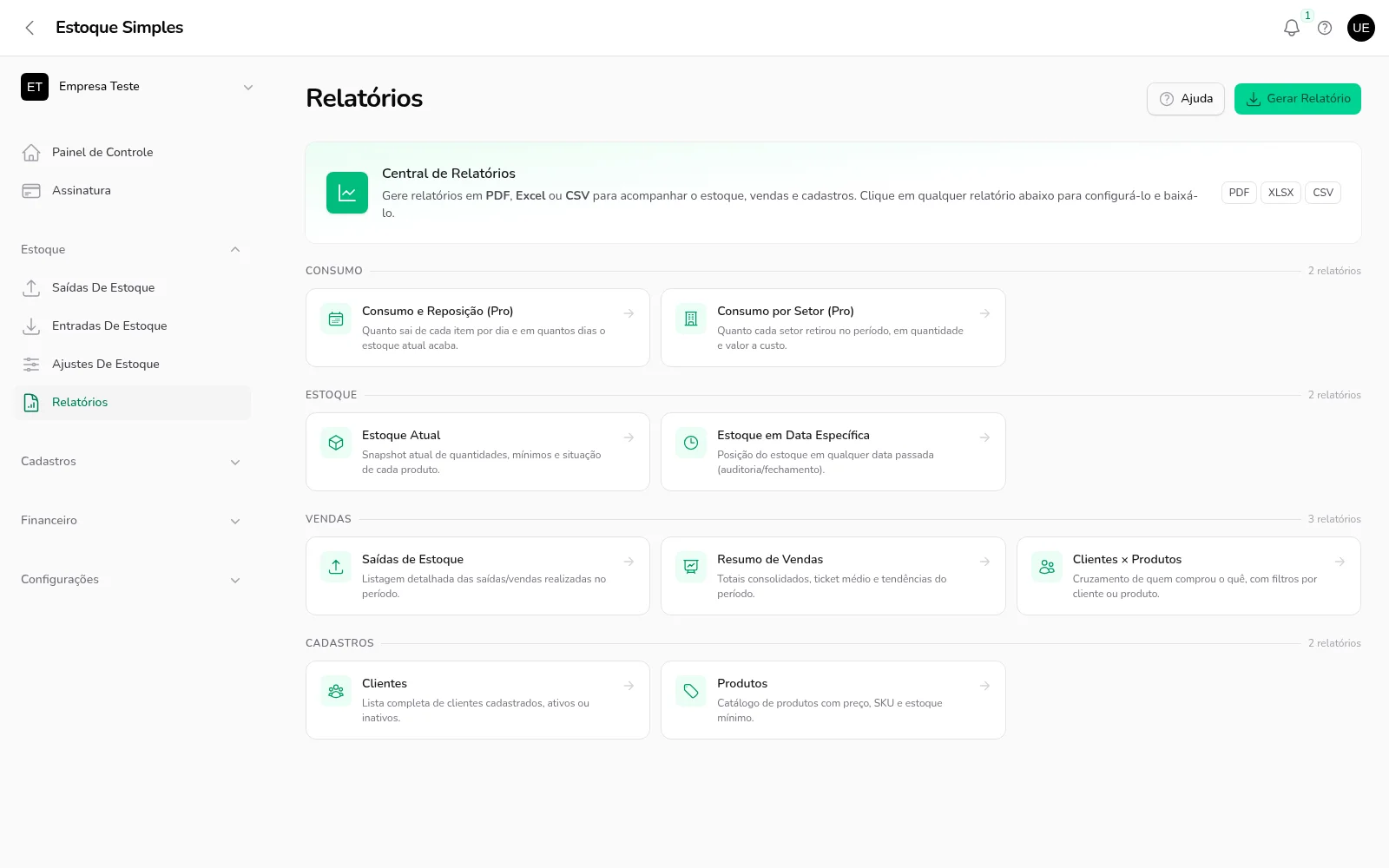 Central de relatórios em PDF, Excel e CSV